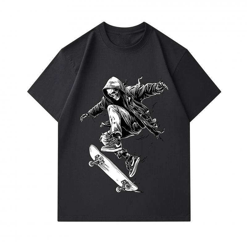 Mens 100% Cotton Crew Neck Short Sleeve T-shirt, Cool Skull Skeleton Skateboard Street Style Graphic Print Casual Comfortable Tees for Daily Wear
