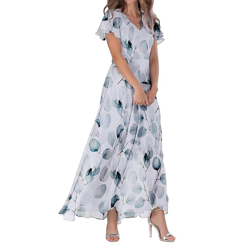Summer new big pendulum long dress V-neck short-sleeved printed chiffon dress
