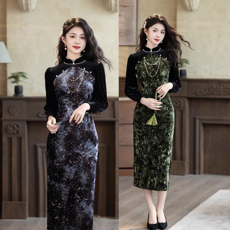 New Chinese velvet splicing improved cheongsam pearl stand-up collar long-sleeved fake two pieces daily wear physical women's clothing