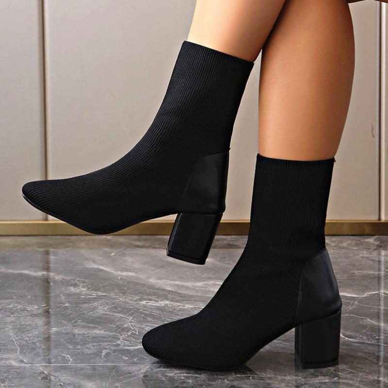 Women S Mid Calf Square Toe Chunky Heel Stretch Boots