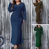 Plus Size Women Evening Dress V-Neck Long Sleeve High Waist Tight Long Dress Solid Color Shiny Fishtail Dress