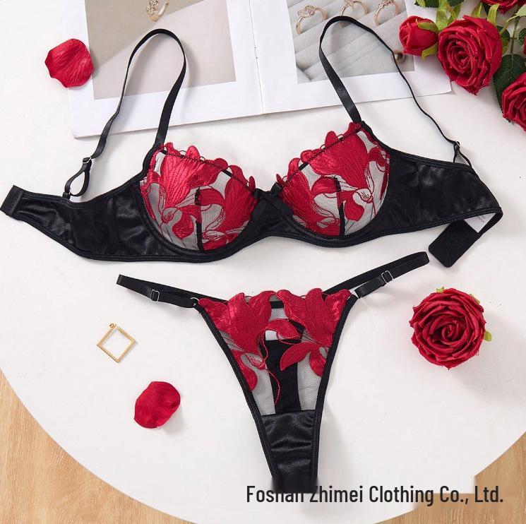 

European & American Floral Embroidered Lingerie Set - Sexy Erotic Bra for Women Medium червоний/чорний