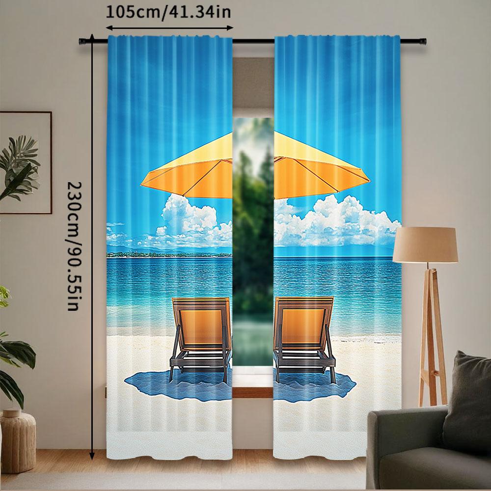 2Pcs Coastal Curtain 2 Chairs And Caribbean Sea Under Umbrella Suitable For Bedroom Bathroom Living Room Dining Room