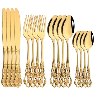 16 pçs/4 conjunto talheres de ouro real espelho polonês aço inoxidável louça faca garfo colher para festa de evento de inauguração de casamento