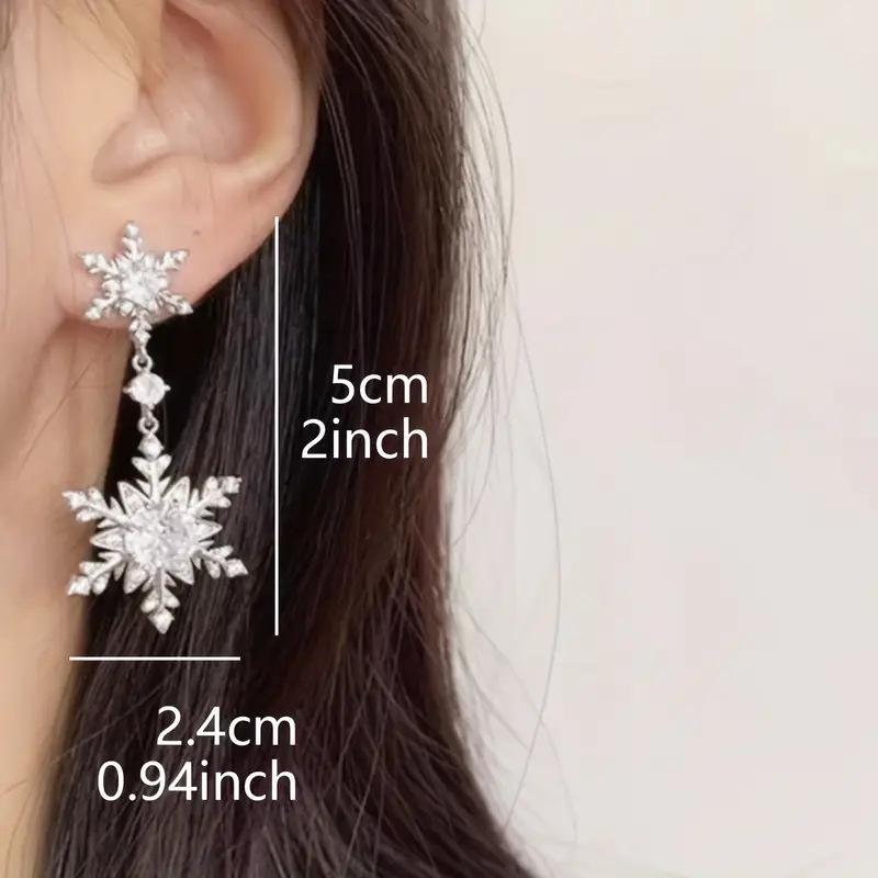 1Pair Shiny Snowflake Earrings For Women Unique Imitation Pearl Long Chain Rhinestone Retro Pendant Earrings Fashionable Jewelry