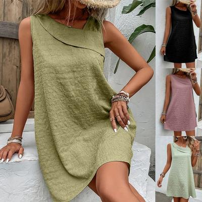 Kadınlar için Düz Kolsuz Elbise Düzensiz Yaka İnce A Kesim Elbise Günlük Moda Bol Kısa Elbise Yaz Nefes Alabilir Hafif Rahat Elbise