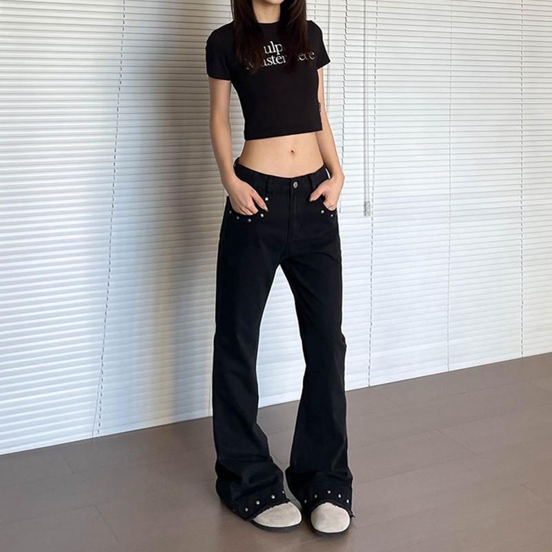 

Унисекс Ретро Джинсы Клеш с Потертостями и Заклепками - Повседневный Уличный Свободный Крой Medium чёрный