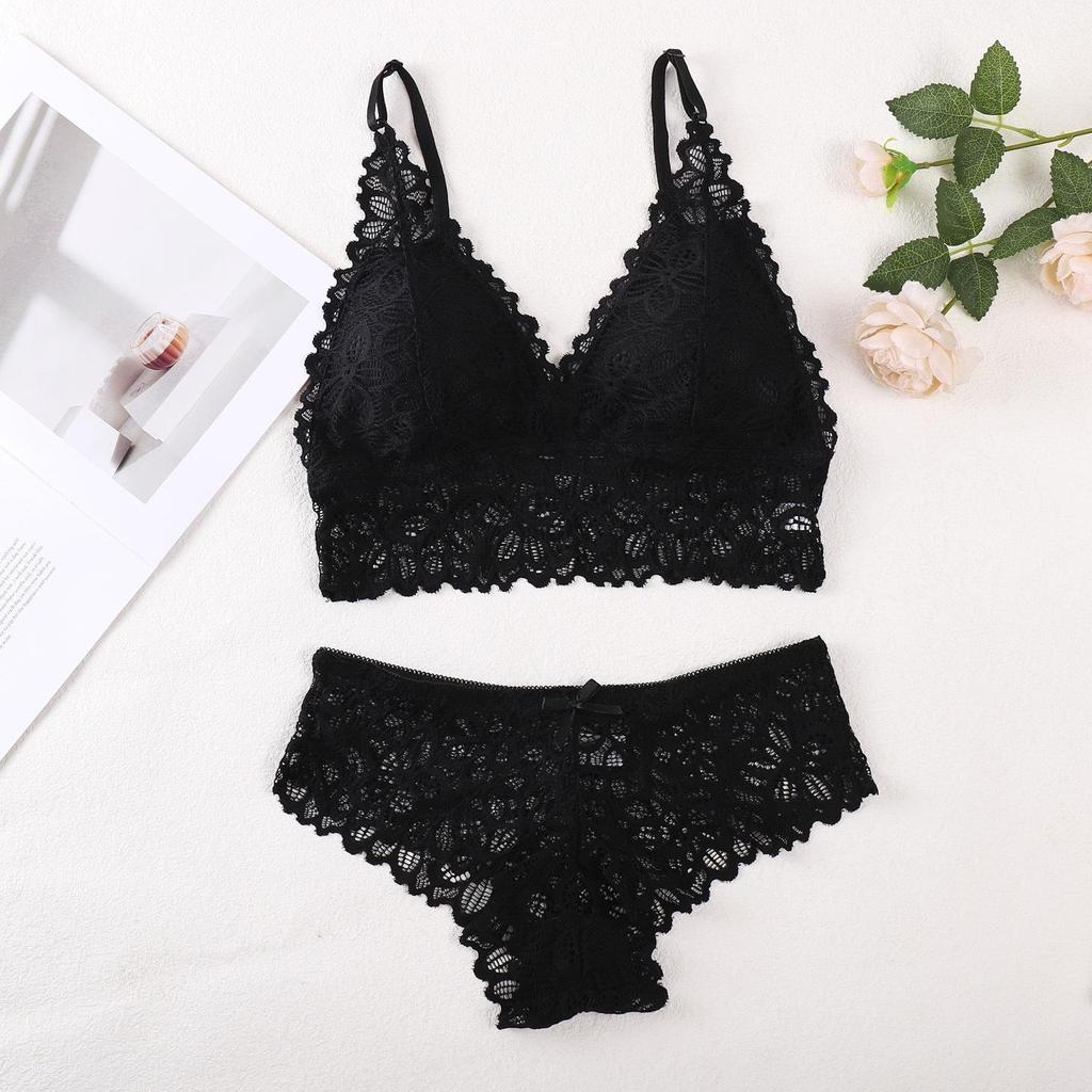 Draadloze Bh Set met Franse Kant, Verstelbare Bandjes en Borstkussentjes