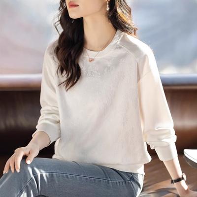 Jacquard Round Neck Sweatshirt for Women's Spring New Loose Lazy Style Casual White Versatile Long-sleeved Pullover Top