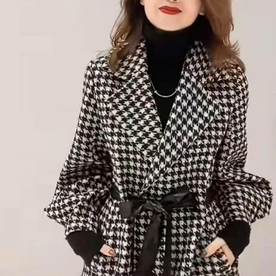Woolen coat women's 2024 autumn new thousand bird grid coat medium and long waist thin meat cover tie bow