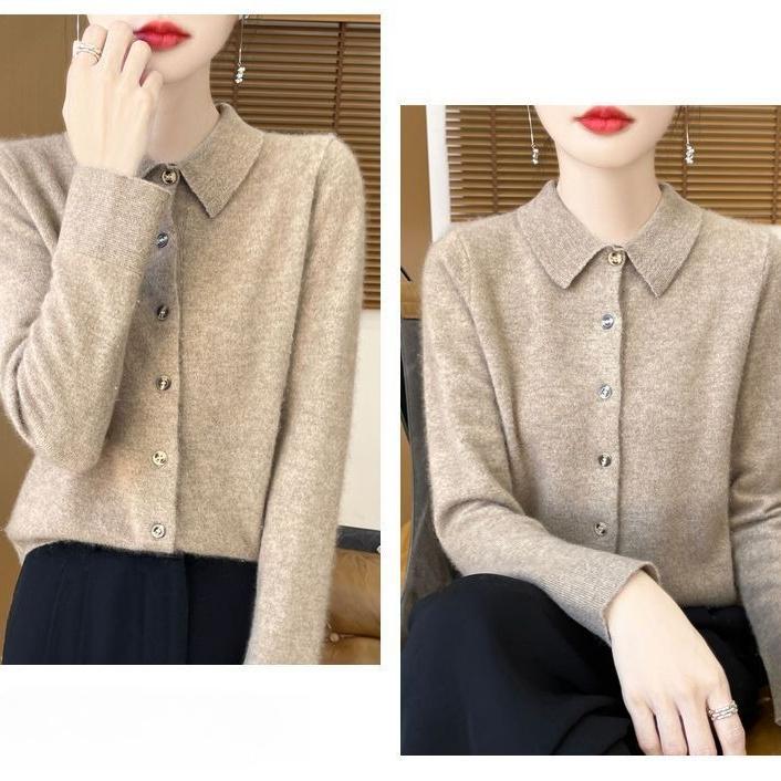 Spring Autumn Women's Wool Cardigan Solid Color Polo Collar Knitted Cardigan Long Sleeve Slim Fit Stretch Wool Cardigan