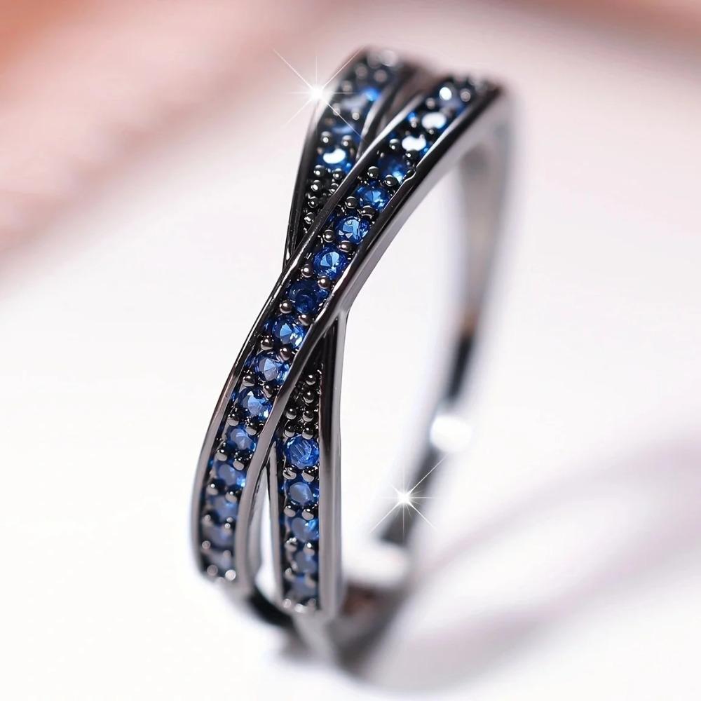 Minimalist Stacking Crossed Wedding Bands Black Gold Silver Color Blue Red Green Stone White Zircon Thin Rings For Women Jewelry