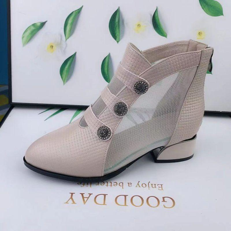 

2025 summer new cool boots hollow mesh boots fashion low heel bag head mesh thick heel sandals women s medium heel Roman shoes 35