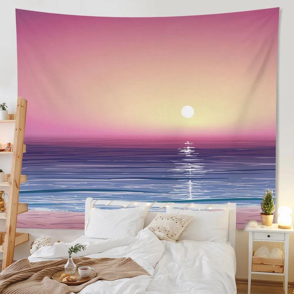 Летний морской закат розовое небо узор гобелен спальня гостиная гобелен украшение стены — фото 5