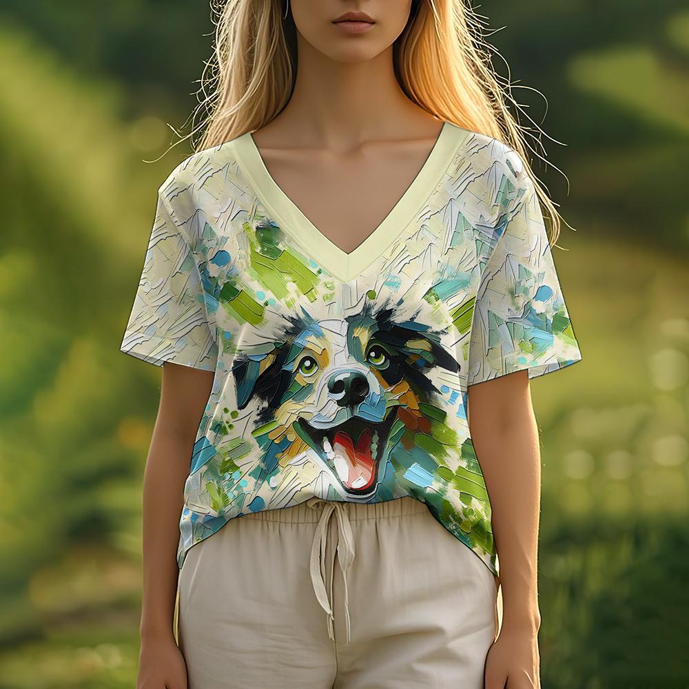 Summer Women's T-Shirt Oil Painting Puppy Print Casual Short-Sleeved 3d T-Shirt Fashion Street Wear V-Neck Pullover Oversized Wo