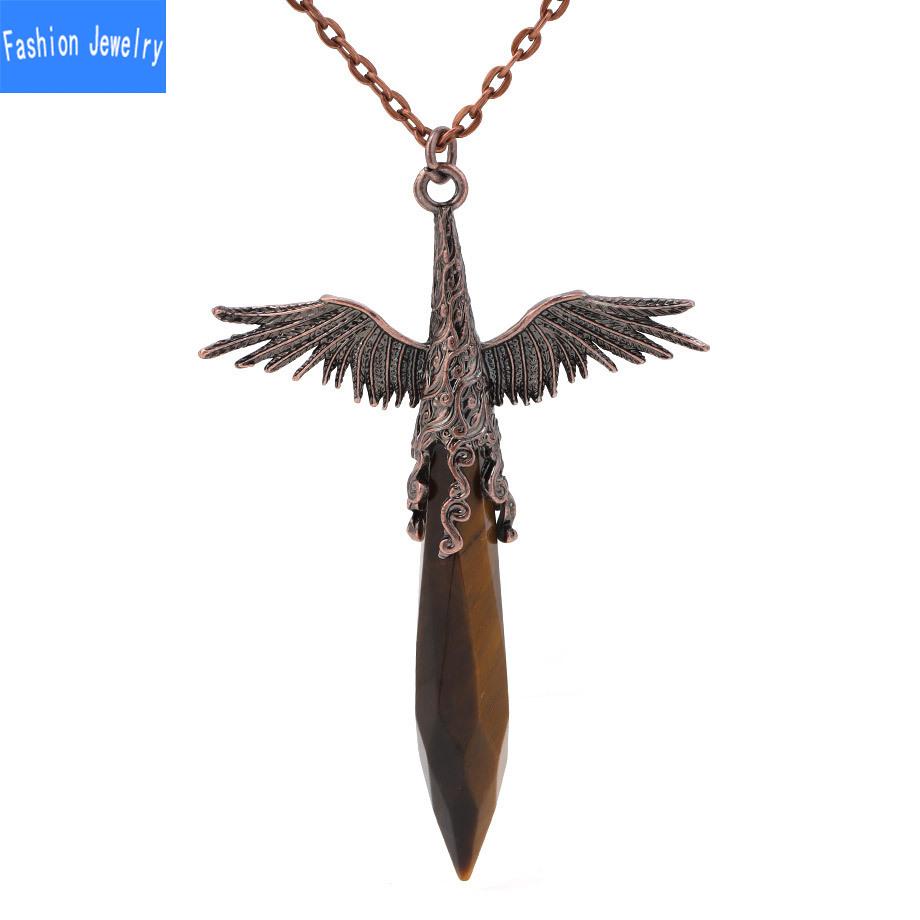 Natural crystal stone faceted hexagonal column retro winged pendant necklace European and American accessories