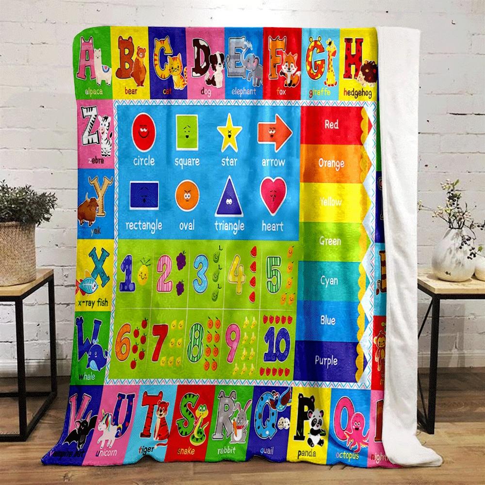 Alphabet, numbers, shapes, colors, and animals arranged in a grid format. for all seasons blanket lunch break throw gift