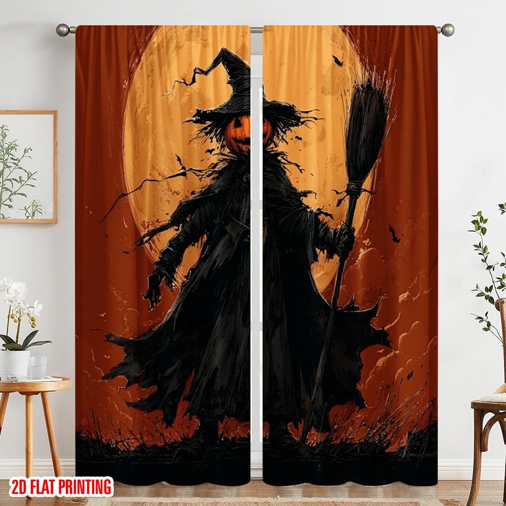 2pcs,2D Plane Printing Pattern Curtains Witches_ Jack-O-Lanterns & Bats Versatile Polyester (without Rod) Art Deco Festive for