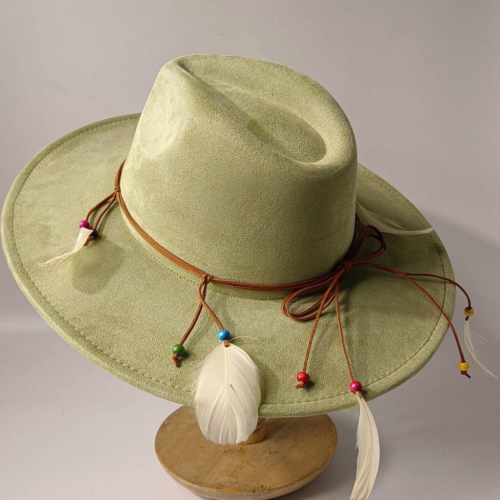 2026Bohemian style suede hat, brim 9.5 cm fedora with feather accessories, classic church hat, wide brim hat, women's hat
