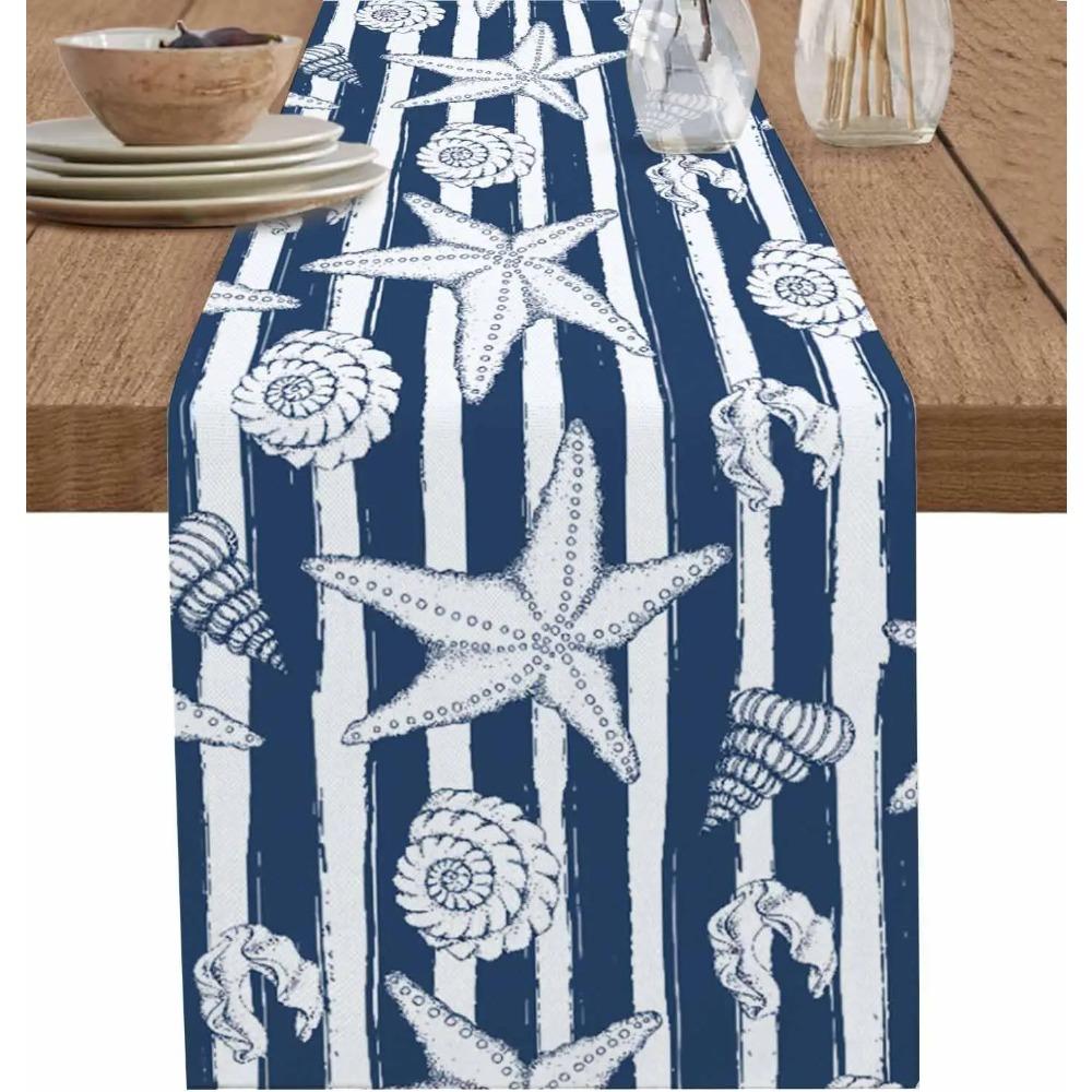 Nautical Ocean Blue Stripes Linen Table Runners Dresser Scarf Decor Washable Beach Conch Starfish Shell Table Runner Party Decor