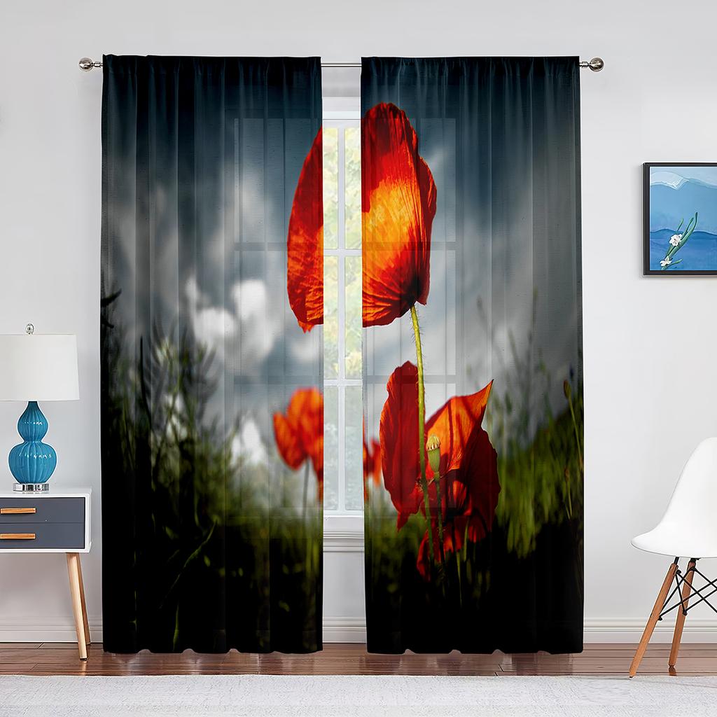 Poppy Flower Red Floral Sheer Voile Curtains for Living Room Bedroom Kitchen Tulle Window Curtain Home Decoration Chiffon Drapes