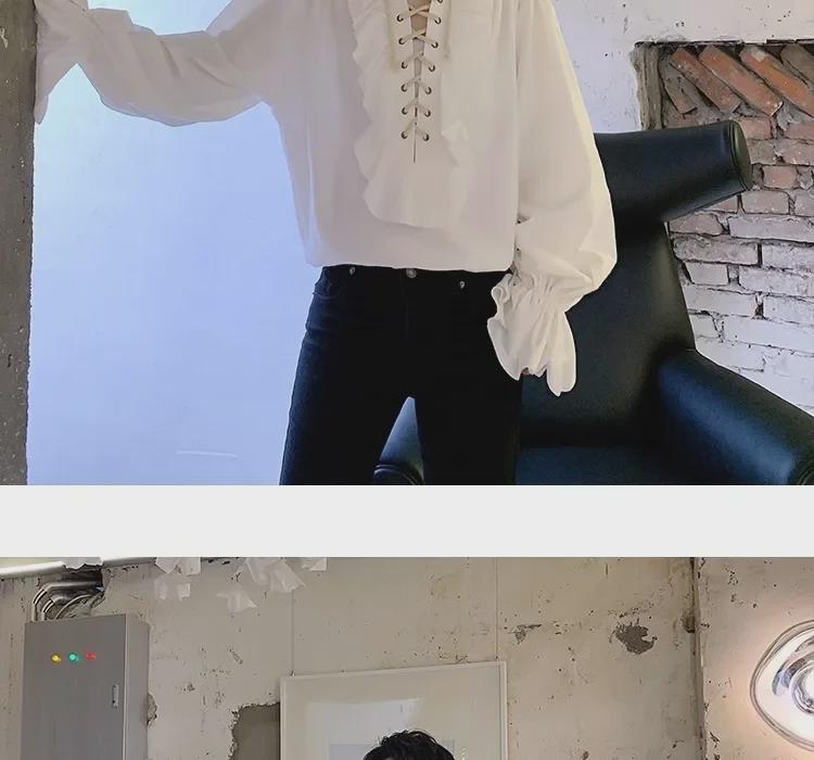 Unisex Retro Košile s Dlouhým Rukávem s Manžetami, Límcem, Volánky a Stahovací Šňůrkou - Evropský/Americký Trend Celebrity