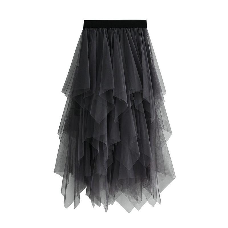 Damen Frühling Asymmetrischer Mesh Midi Rock - Hohe Taille Transparente Einsätze Schlankmachender Rock mit Fließendem Lagen-Design