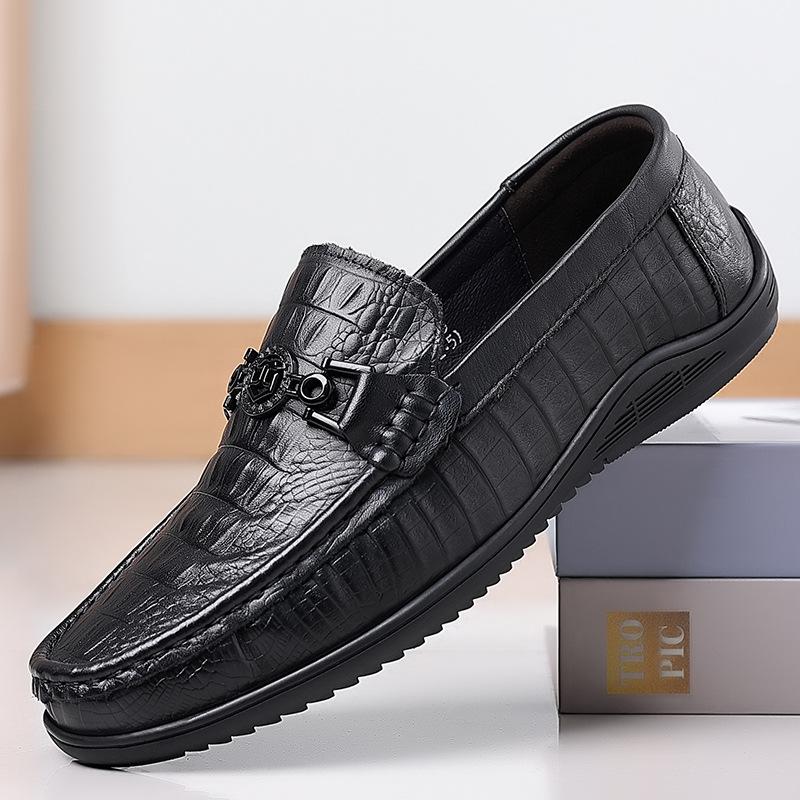 New Spring First-layer Cowhide Beanie Shoes Men's Genuine Leather Crocodile Pattern Casual Foot Leather Shoes Men's Large Size Men's Shoes 48