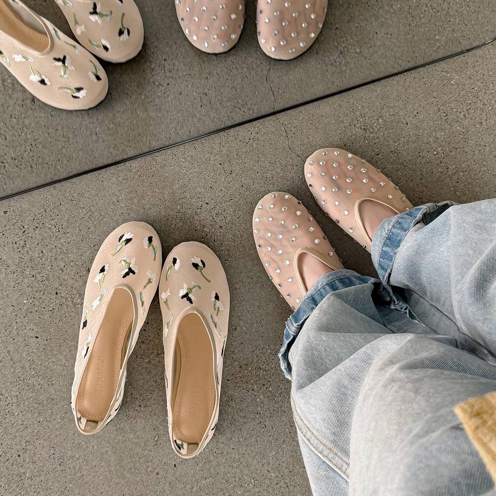 Krazing Pot Air Mesh Sheep Skin Flat with Crystal Beading Round Toe Jelly Shoes Embroidery Summer Size 42 Women Flats