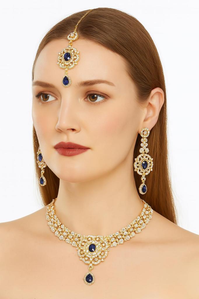 Touchstone Women's Indian Jewelry Set, Gold Wedding Tikka Necklace Set, Guest Costume, Fancy Bridal Jewelry, Rhinestone, Crystal, Elegant Formal Prom
