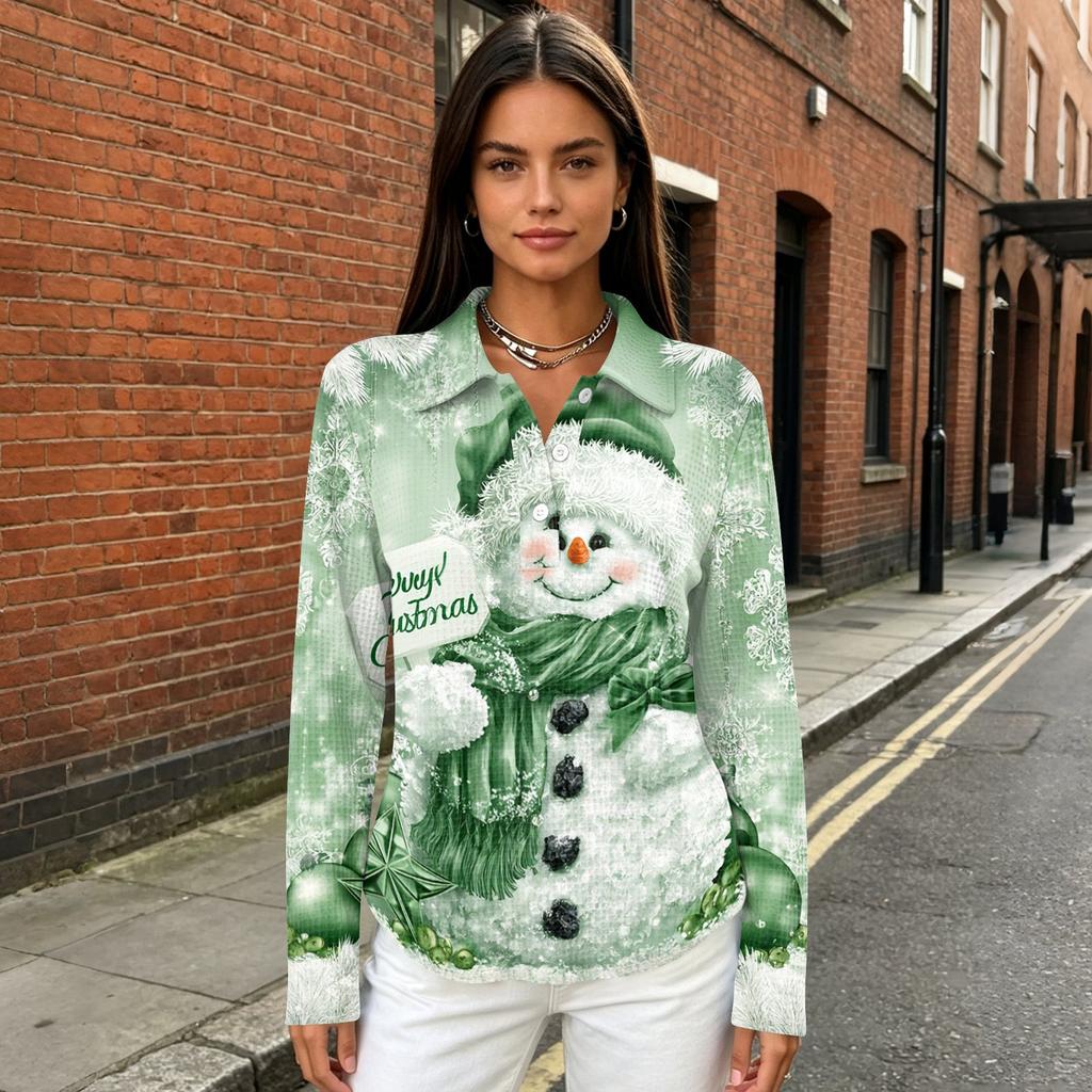 Women's Casual Christmas Print Button Down Long Sleeve Collared Blouse Top with Side Slits