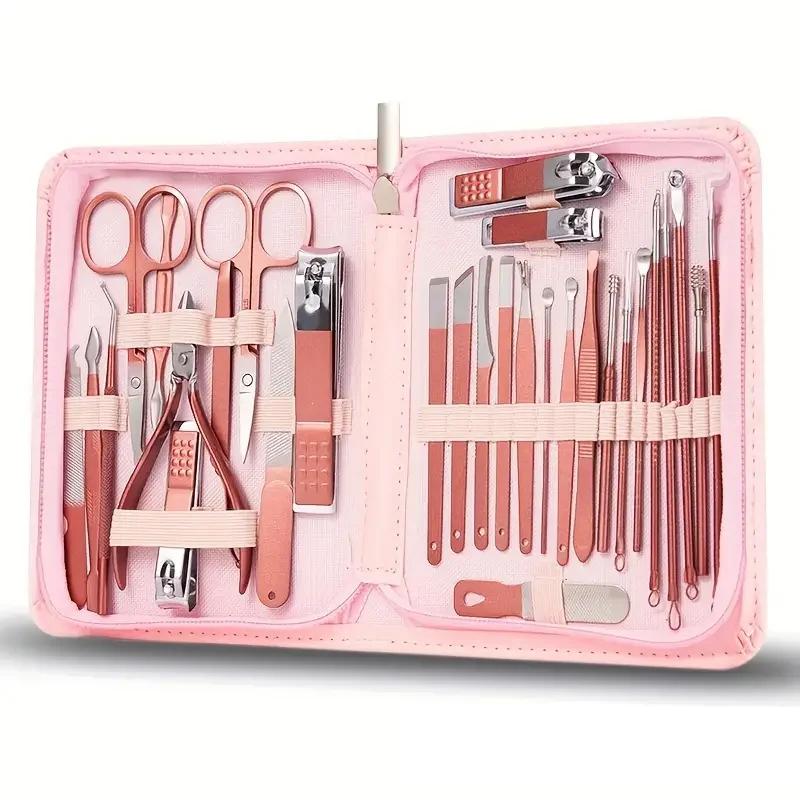 

A pink 30-piece nail clipper set for girls easy to carry, stainless steel cutter nail clippers, foot massage and nail care tools