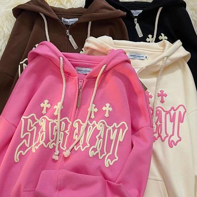 קפוצ'ונים רקמה נשים High Street Harajuku רטרו היפ הופ קפוצ'ון רוכסן רוכסן גבר סווטשירט קפוצ'ון בגדי קפוצ'ון Y2K