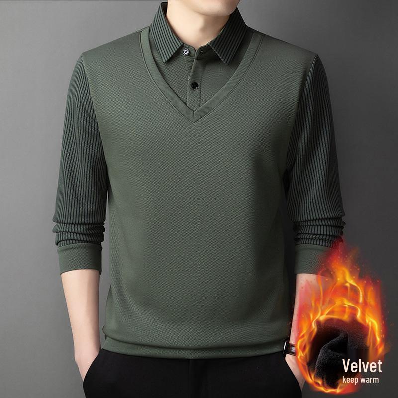 Men s Winter Fleece-Lined Warm Polo Shirt with Shirt Collar – Two-in-One Design L