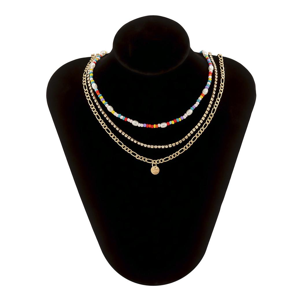Jewelry, Claw Chain Metal Letter Sequined Item, Ethnic Color Rice Bead Imitation Pearl Multi-Layer Necklace