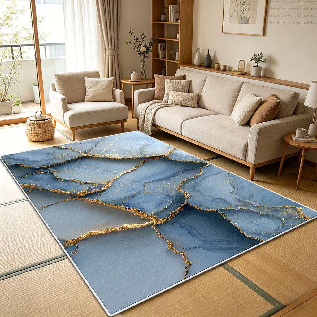 Luxury Blue Gold Marble Living Room Sofa Rug Decoration Bedroom Washable Soft Fluffy Floor Mats Kitchen Non-slip Large Carpet
