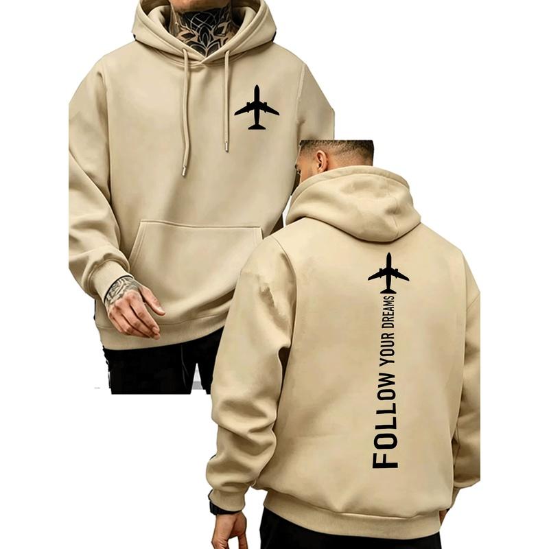Follow Your Dreams Airplane Front Back Print Graphic Hoodie Unisex Long Sleeve Oversized Loose Streetwear Pullover Hoodie
