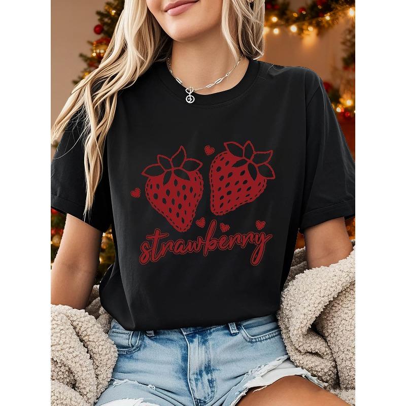 Strawberry Sweetheart Graphic Print T-Shirt, Short Sleeve Crew Neck Casual Top for Summer and Spring.