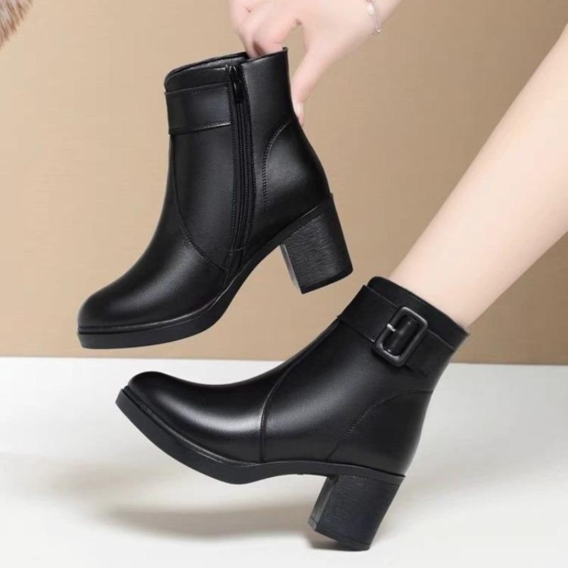 Krótkie Botki, Buty na Grubym Obcasie, Damskie Buty z Polaru, Buty na Średnim Obcasie dla Kobiet w Średnim Wieku, Bawełniane Buty z Miękkiej Skóry