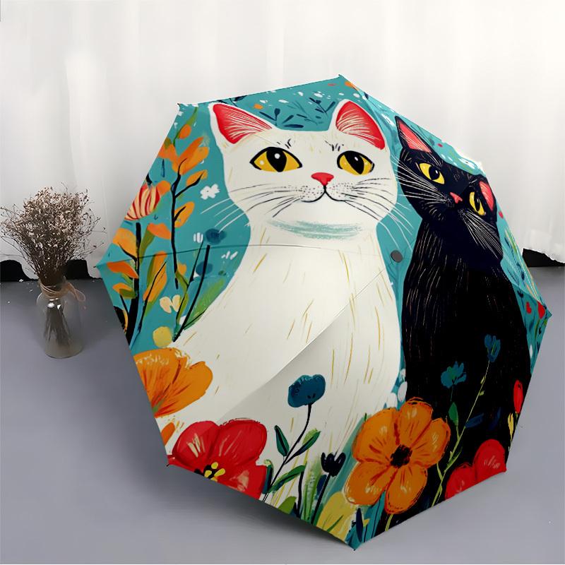 1pc Cats Flowers Automatic Umbrella   Auto Open/Close Folding Umbrella with  8 Rib Frame, 3 Fold Compact Umbrella for Men & Women, 130