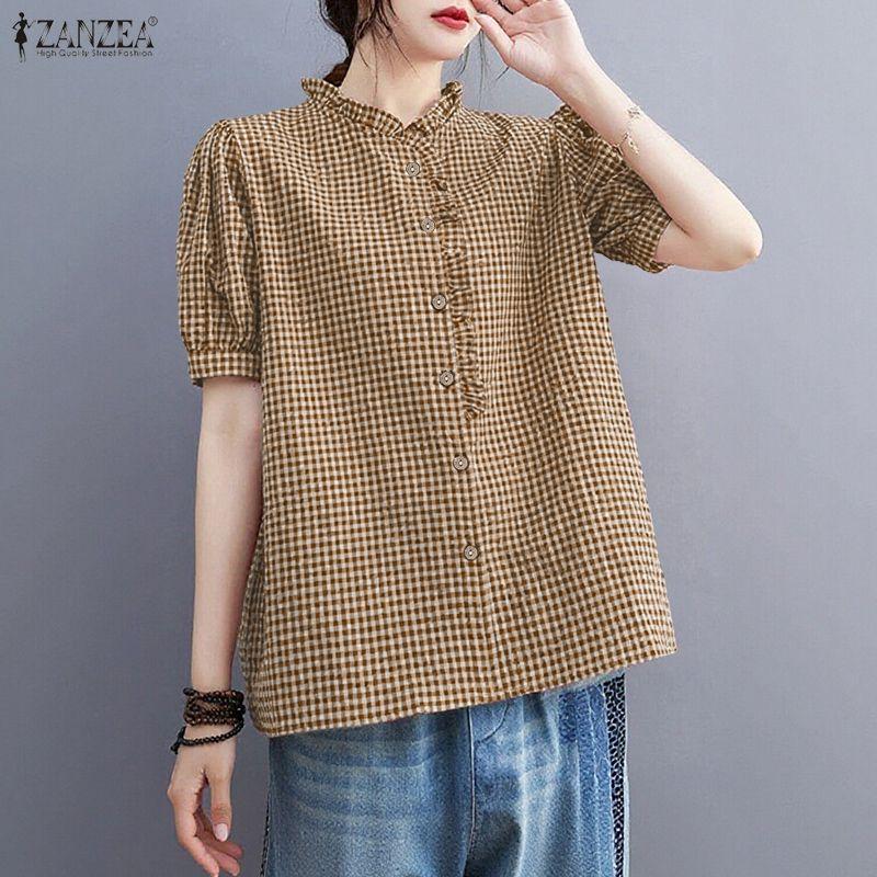ZANZEA Women Casual Round Neck Grid Print Summer Short Sleeve Blouse