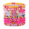 8pcs Sweet Flower Heart Pink Polymer Clay Layered Bracelet Set, Valentine Music Festival Party Jewelry for Women