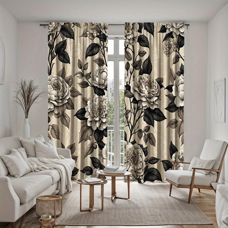 2pc  black and white floral print curtains   polyester fabric   machine washable   suitable for bedroom living room decoration