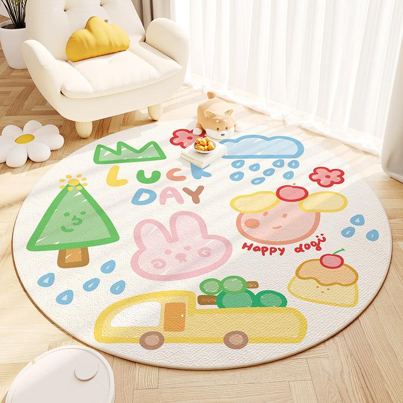 Cartoon Animal Pattern Round Carpet Cute Colorful Kids Playroom Decor Mat Funny Non-Slip Rug for Living Room Bedroom Paly Area