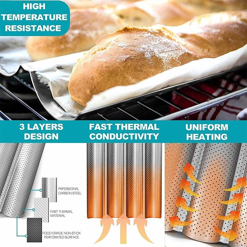 Nonstick Perforated French Bread Baking Pan Carbon Steel Baguette Pan French Bread 4 Wave Loaves Loaf Bake Mold Cooking Tray