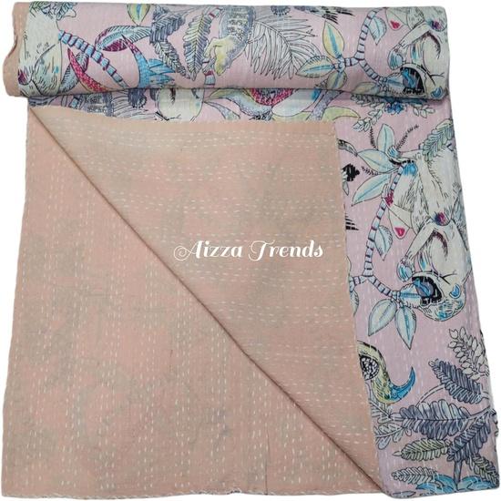 Aizza Trends Handmade Pure Cotton Monkey Print Kantha Quilt  - Traditional Look Bed Spread Kantha Gudri - Vintage Hand Stitch Gudri