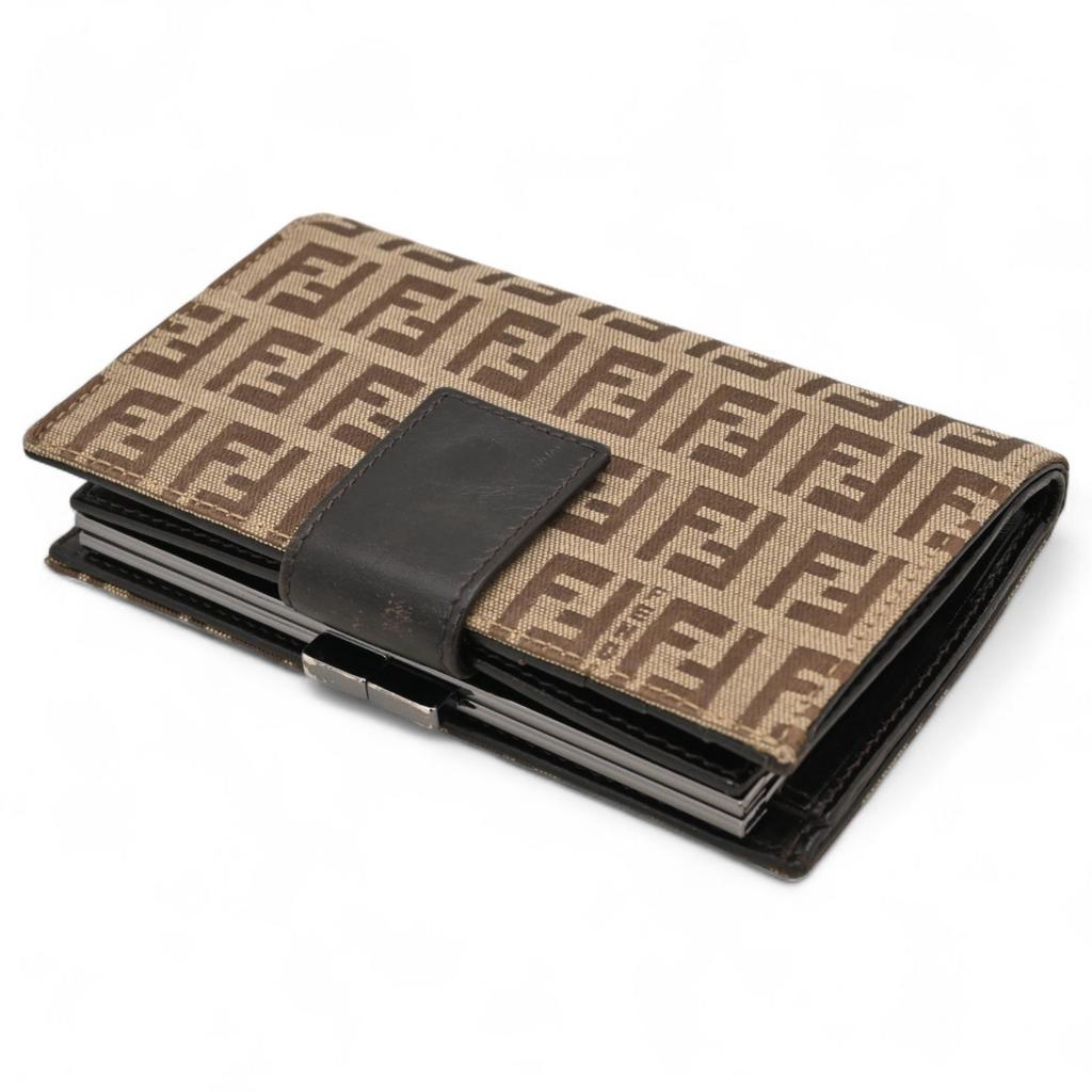 Auth FENDI Zucchino Bifold Wallet Leather × Canvas Fe7910yy