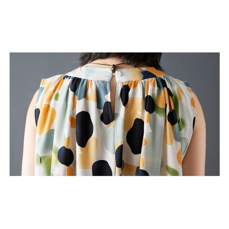 DIMANAF 2026 New Summer Plus Size Women Shirts Tees Casual Loose Blouse Print Sleeveless Lady Tops Pleated