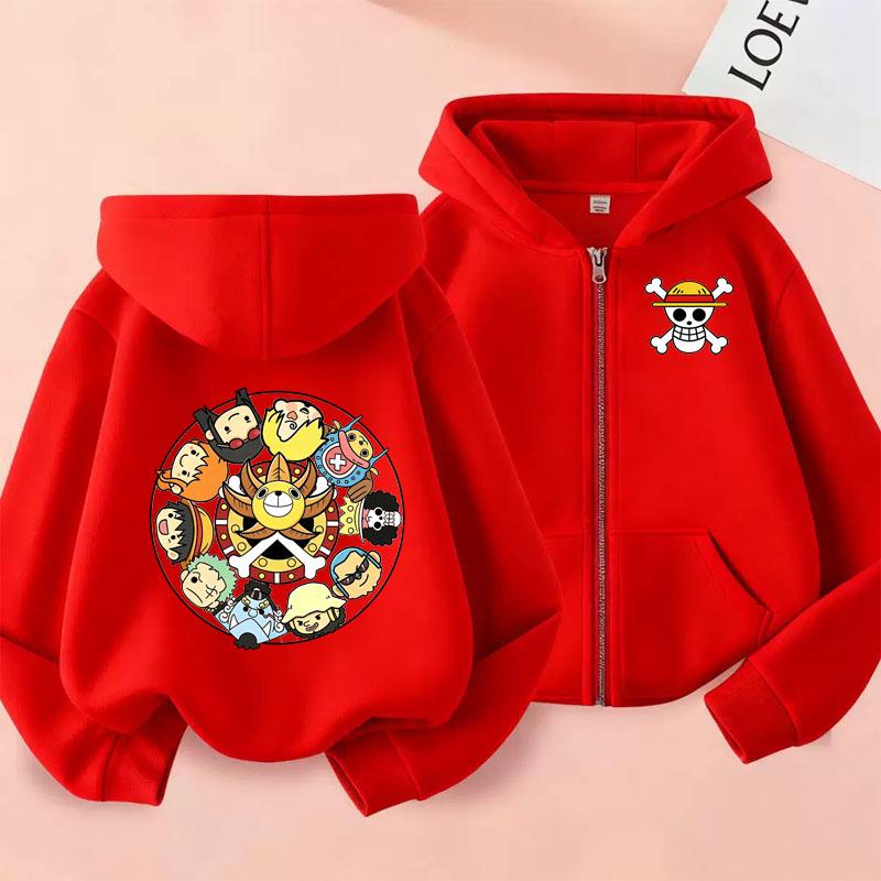 Ubrania z nadrukiem kreskówkowym Anime One Pieces Bluza z kapturem na zamek Dziecięca bluza z kapturem z długim rękawem Luffy Casualowa koszulka z nadrukiem dla chłopców i dziewcząt