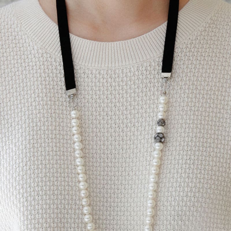 J.Lauren Cubic Ball Velvet Ribbon 8mm Pearl Necklace Bn0593